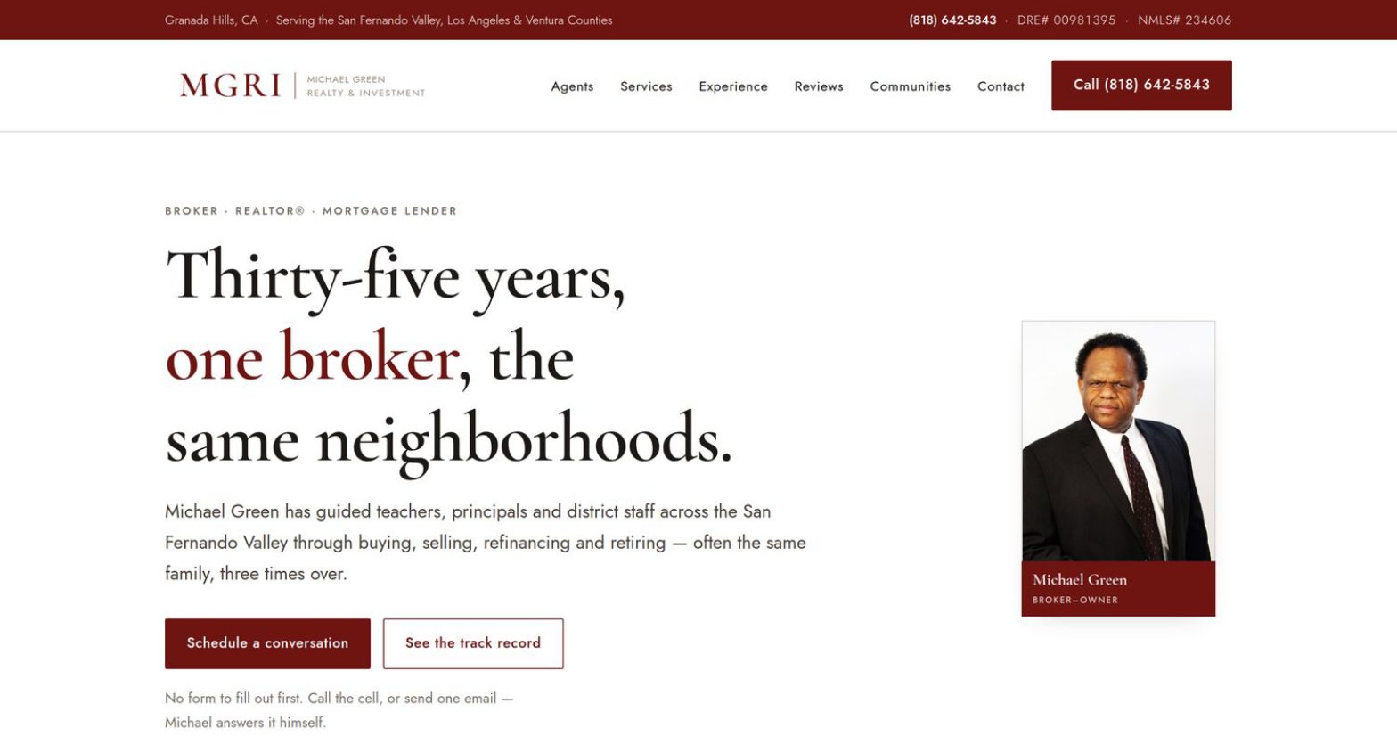 The new homepage: headline 'Thirty-five years, one broker, the same neighborhoods', a portrait of Michael Green labeled Broker-Owner, and Schedule a conversation and See the track record buttons.