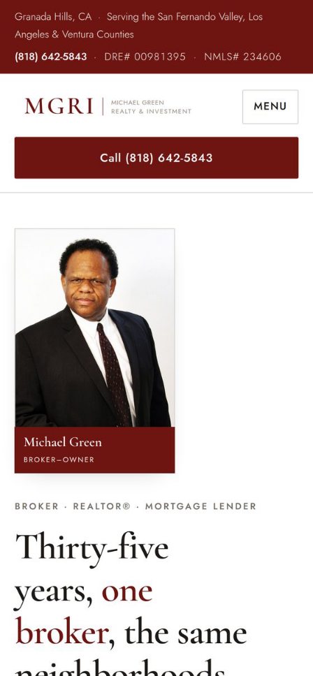 New site on a phone: phone number bar, Call button, Michael's portrait, and the headline Thirty-five years, one broker.