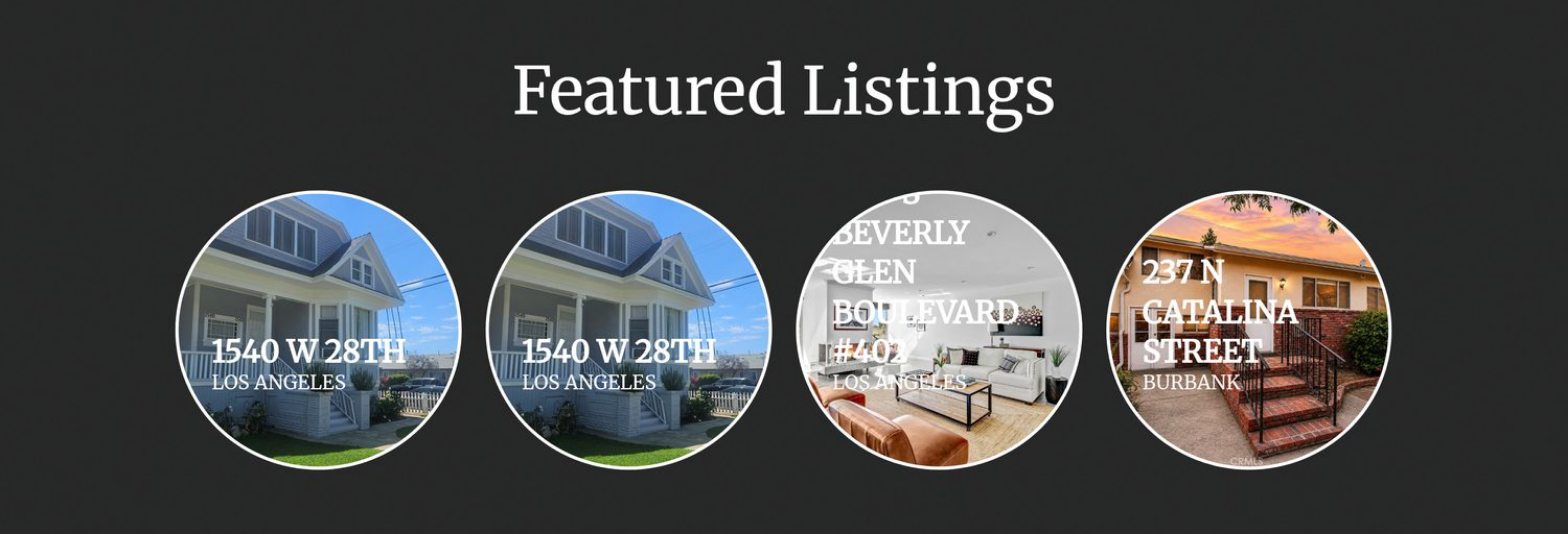 Four round listing cards on a dark background; the first two show the same house at 1540 W 28th, and the third card's address overflows its circle.
