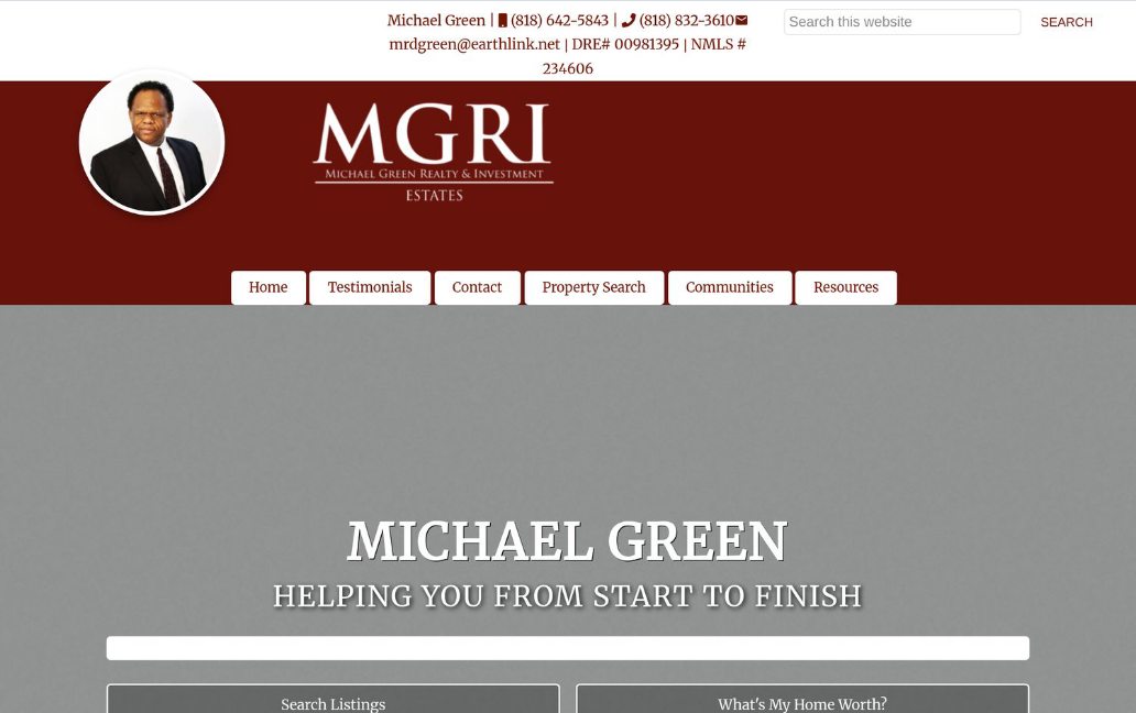 The old homepage: a gray stock street photo, the name Michael Green in capitals, a search bar, and Search Listings and What's My Home Worth buttons.