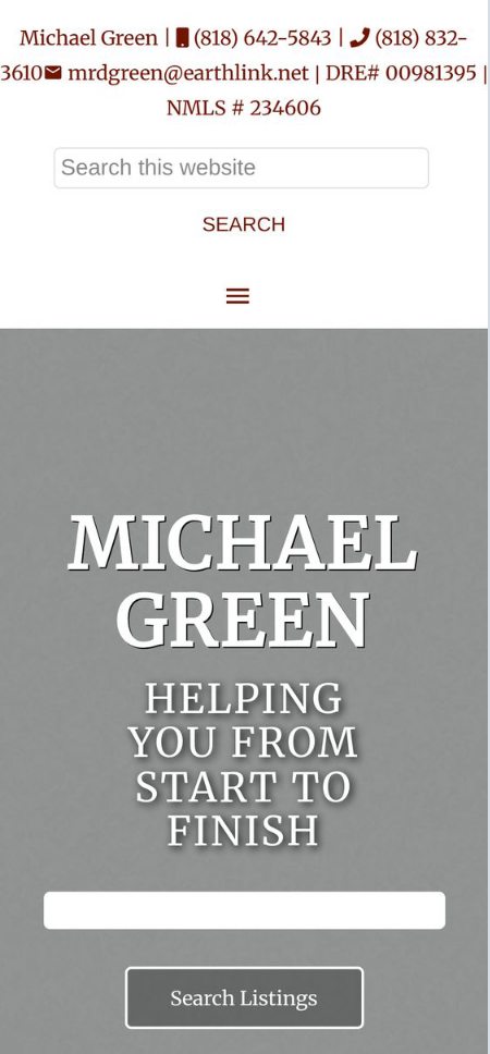 Old site on a phone: contact details in small type, a search box, and a gray hero with the name Michael Green.